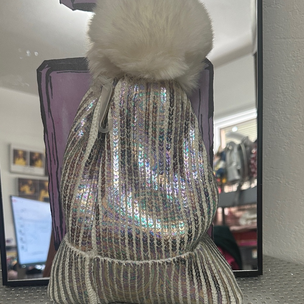 Sequin Beanie with Faux Fur Pom NWOT
